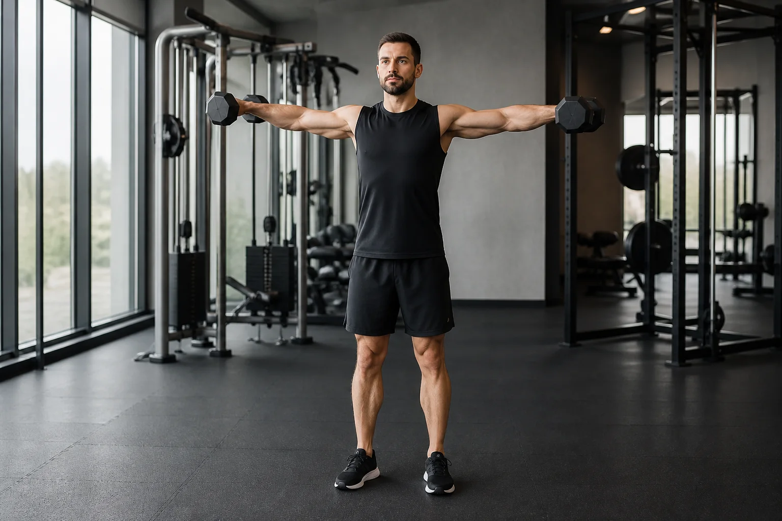 Foto de Elevação lateral com halteres em execução na academia