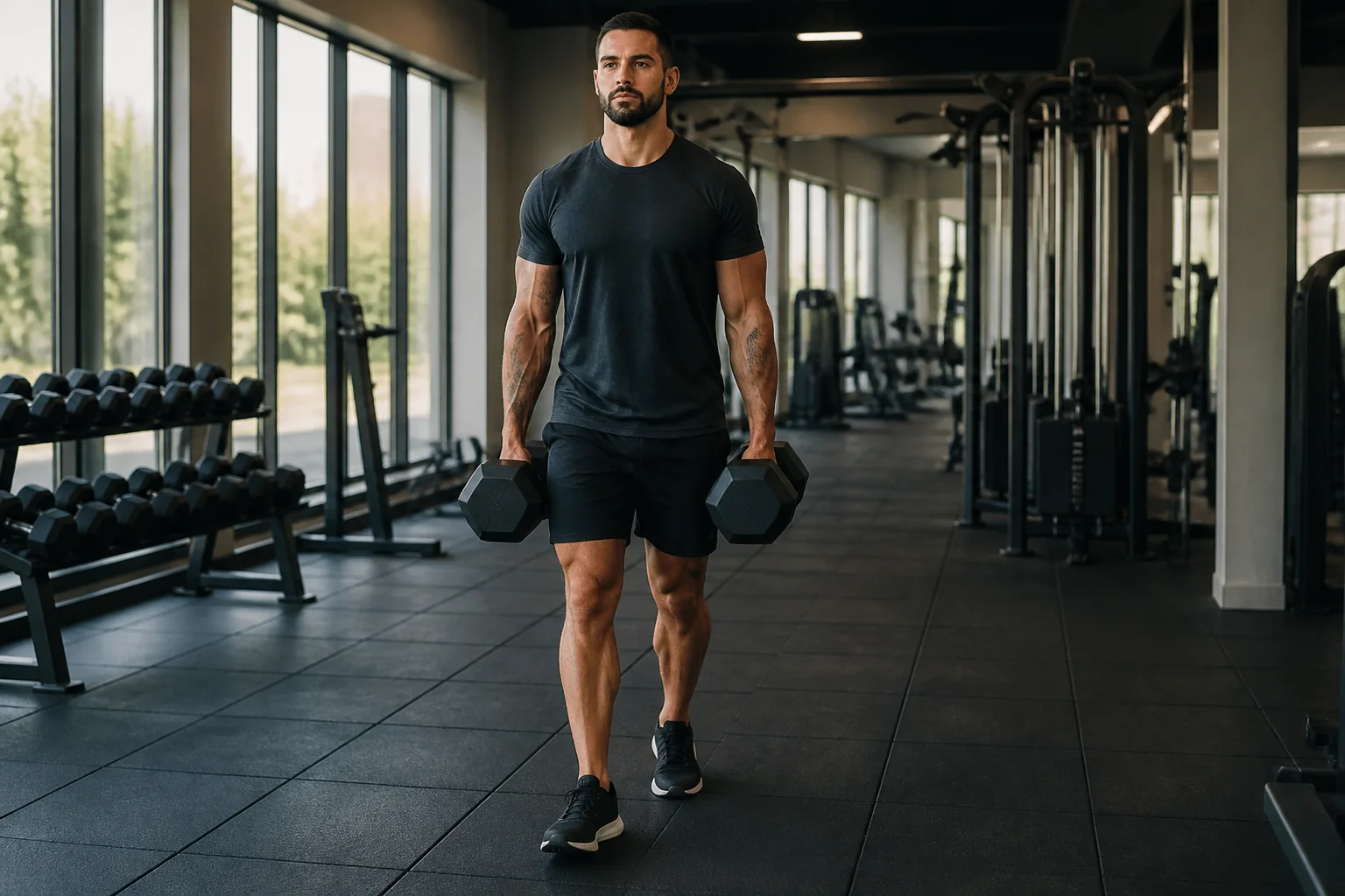 Foto de Farmer walk com halteres em execução na academia
