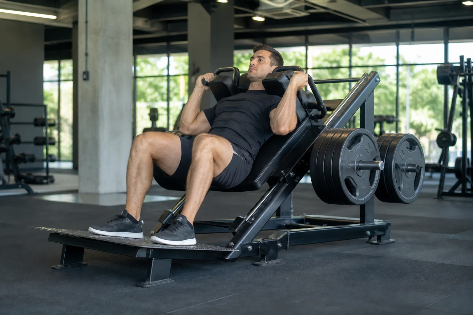 Foto de Hack squat na máquina em execução na academia