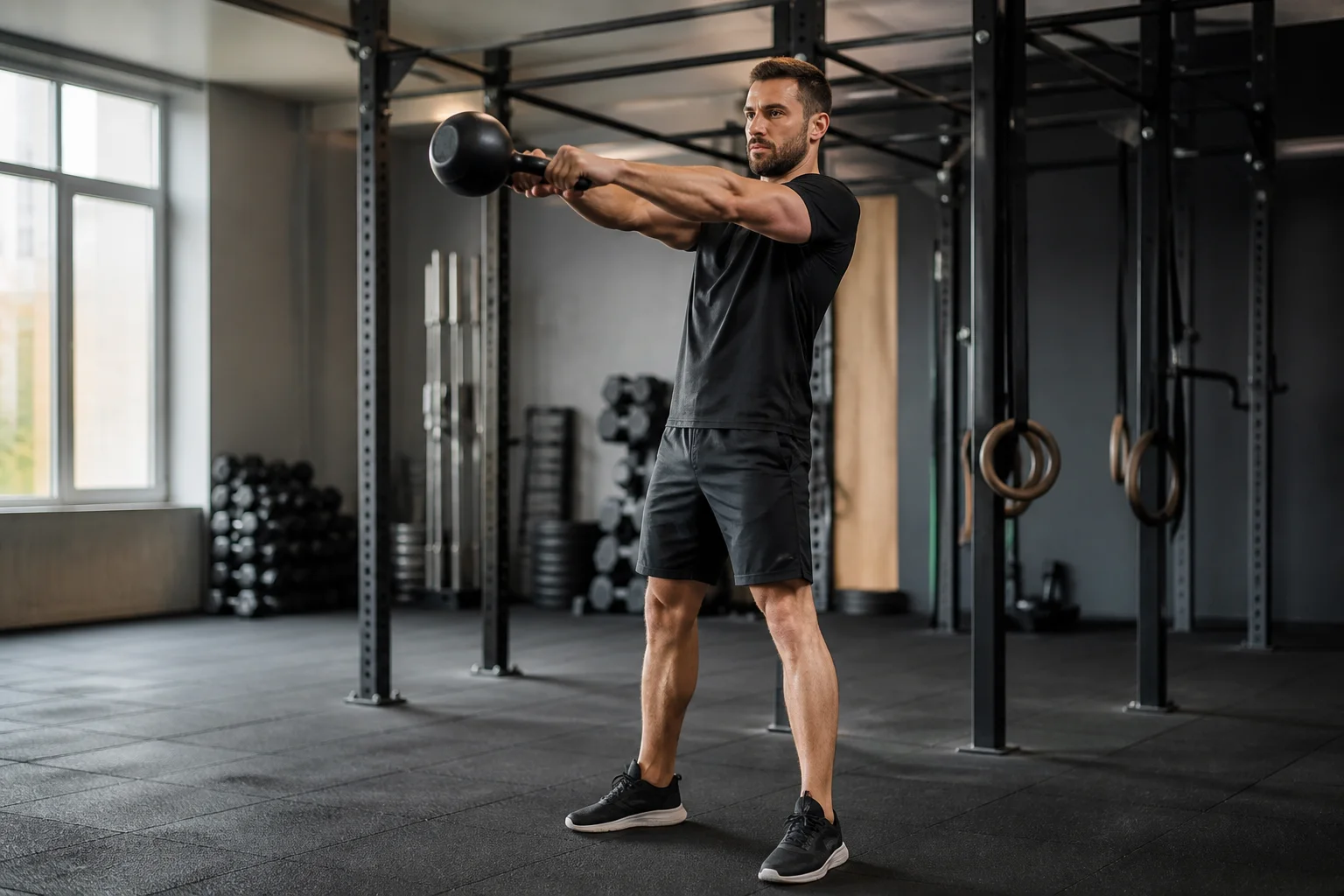 Foto de Kettlebell swing em execução na academia