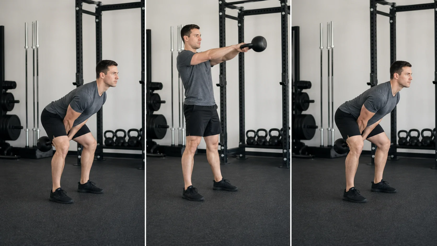 Sequência visual de kettlebell swing, com um quadro para cada etapa da execução. Quadro 1: Organize a base.