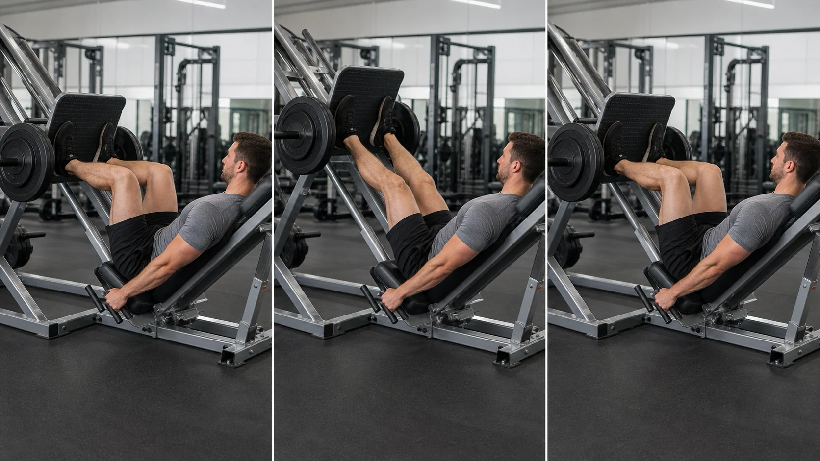 Sequência visual de Leg press 45 graus, com um quadro para cada etapa da execução. Quadro 1: Ajuste encosto e pés.