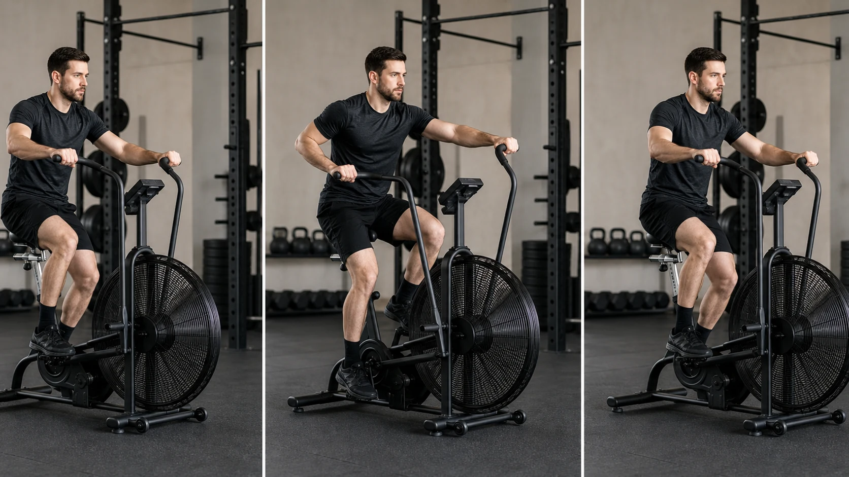 Sequência visual de pedalada na air bike, com ajuste, coordenação de braços e pernas e cadência controlada. Quadro 1: Ajuste selim e apoios.