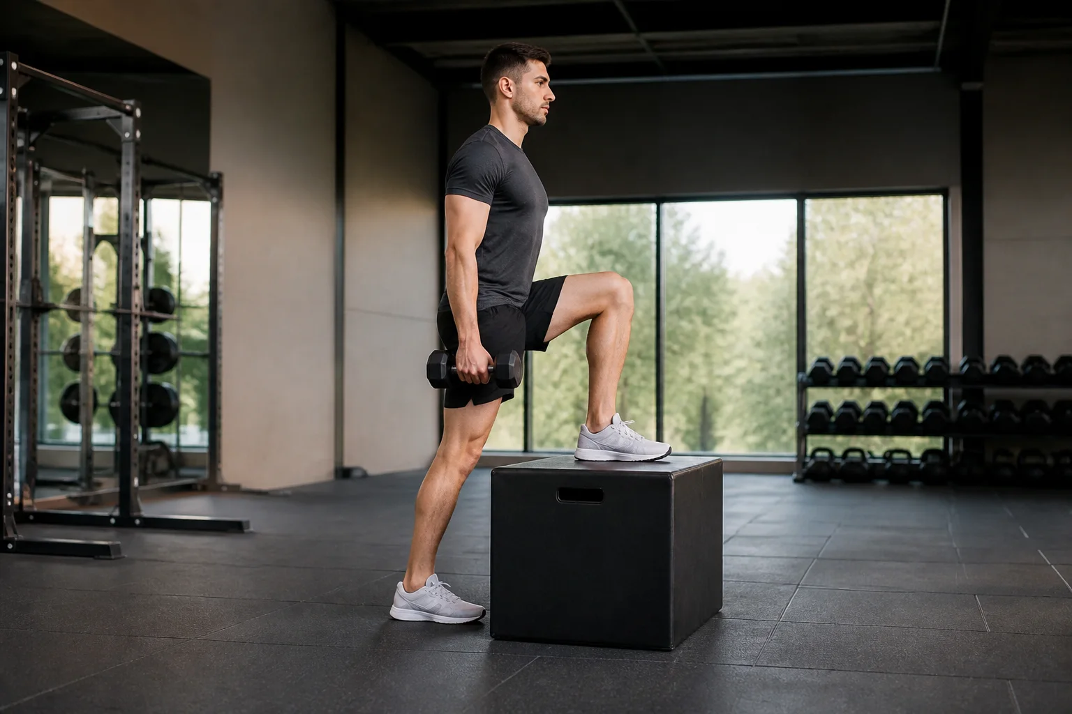 Foto de Step-up com halteres em execução na academia