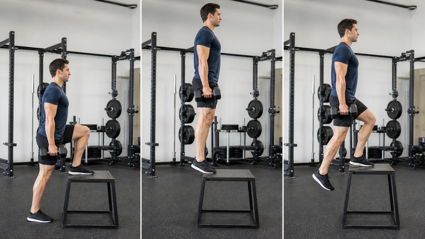 Sequência visual de Step-up com halteres, com um quadro para cada etapa da execução. Quadro 1: Apoie o pé inteiro na caixa.