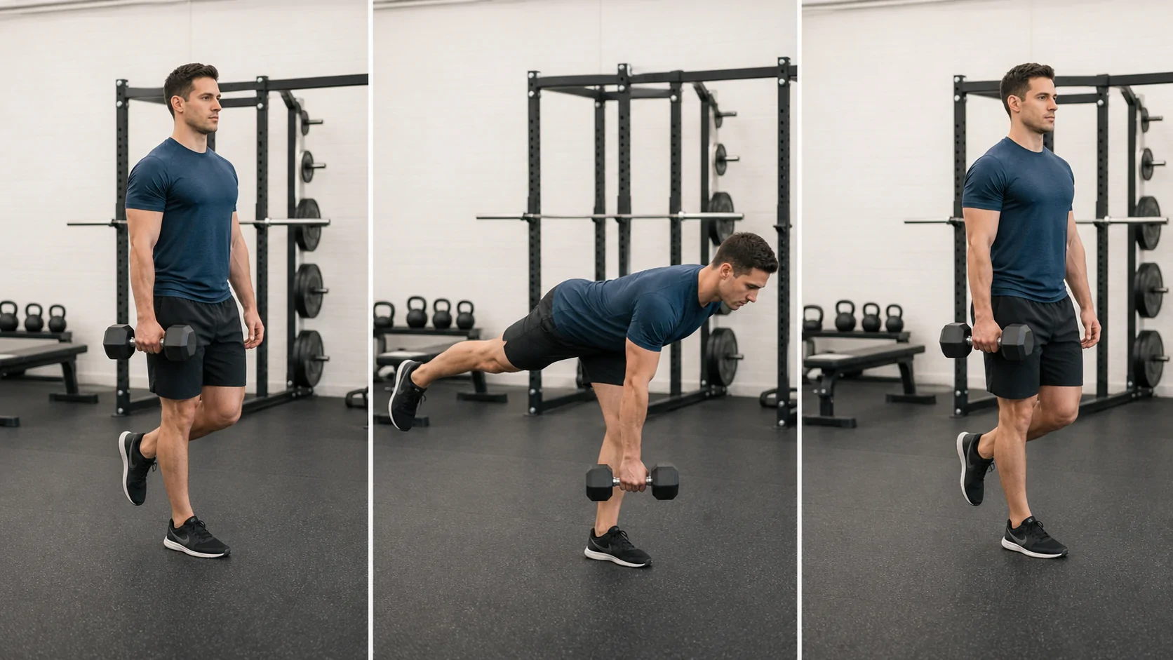 Sequência visual de Stiff unilateral com halter, com um quadro para cada etapa da execução. Quadro 1: Organize a base.